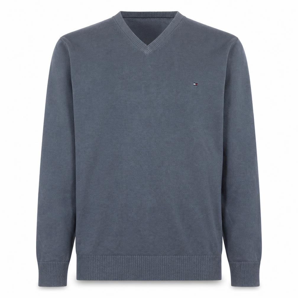 Front view of Tommy Hilfiger Men's Grey V-Neck Cotton Jumper, size M