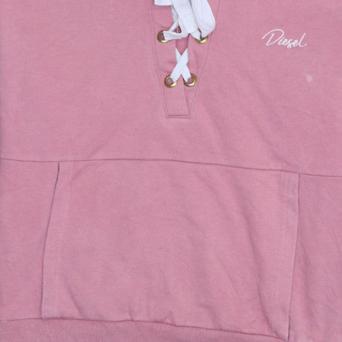 Diesel Womens Pink Lace Up Hoodie Large Cotton Pullover