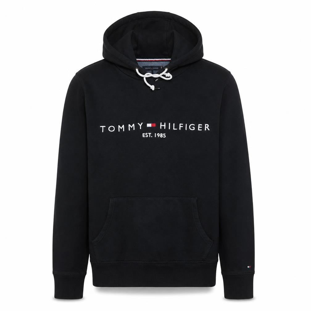 Front view of Tommy Hilfiger Men's Black Pullover Hoodie M Logo Embroidered Sweatshirt