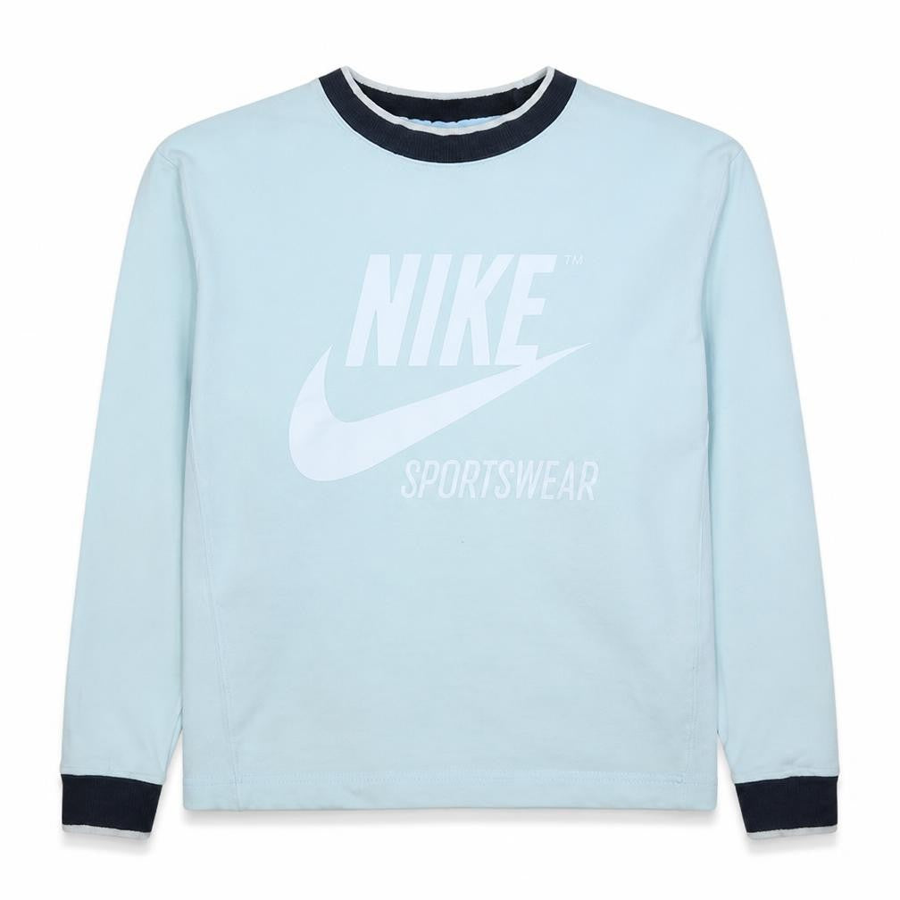 Front view of Nike women’s blue long sleeve pullover sweatshirt, size S