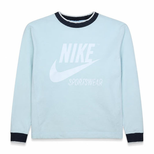 Front view of Nike women’s blue long sleeve pullover sweatshirt, size S