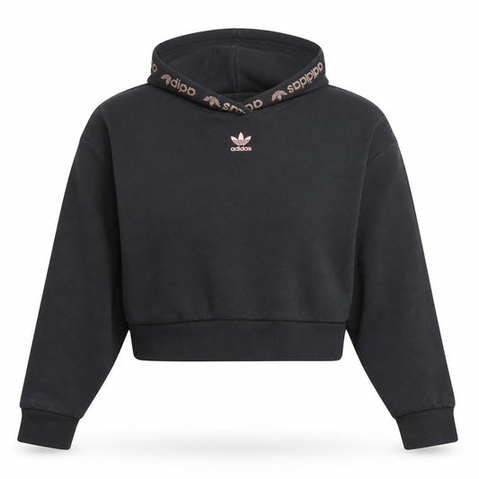 Front view of Adidas women’s black cropped hooded pullover sweatshirt xs
