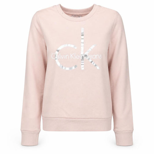 Front view of Calvin Klein Jeans women’s pink logo crew neck sweatshirt, size M
