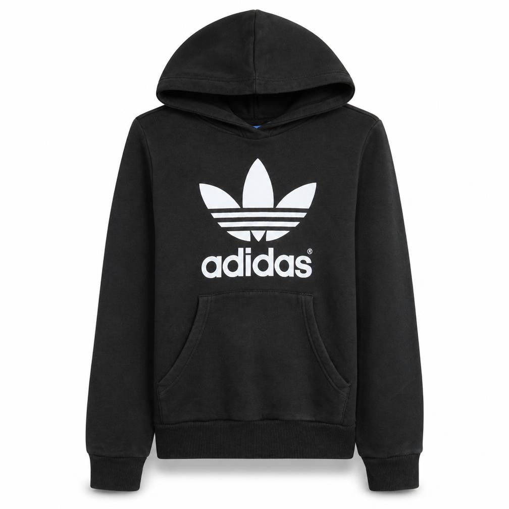 Front view of Adidas women’s black hooded pullover hoodie, size UK 12, classic logo sweatshirt