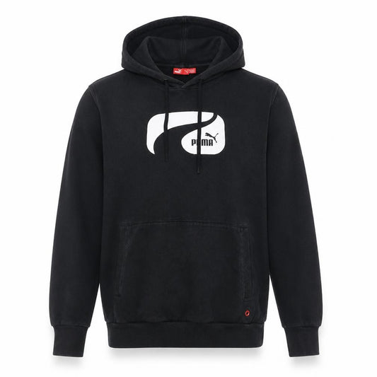Front view of Puma Men's Black Pullover Hoodie Small Logo Graphic Fleece