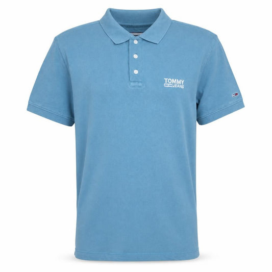 Front view of Tommy Jeans Men's Blue Cotton Polo Shirt, size S, Short Sleeve