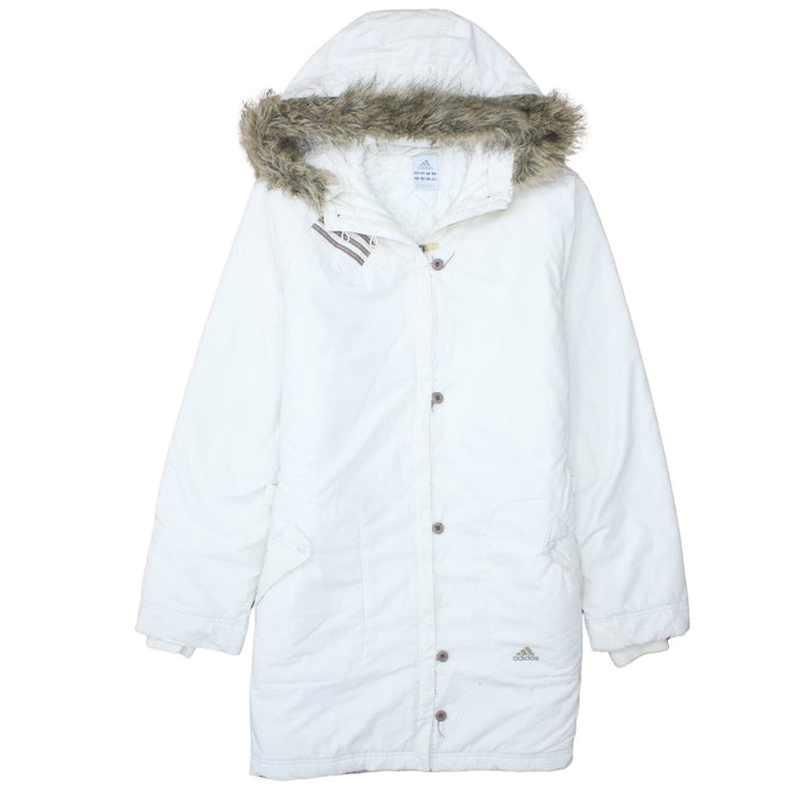 Adidas Womens White Parka Coat Size 12 Hooded Faux Fur Trim Long Winter Jacket