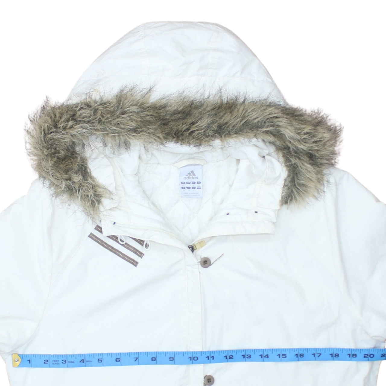 Adidas Womens White Parka Coat Size 12 Hooded Faux Fur Trim Long Winter Jacket