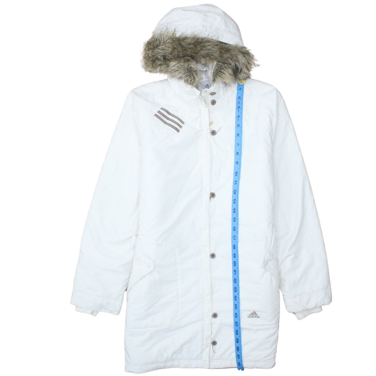 Adidas Womens White Parka Coat Size 12 Hooded Faux Fur Trim Long Winter Jacket