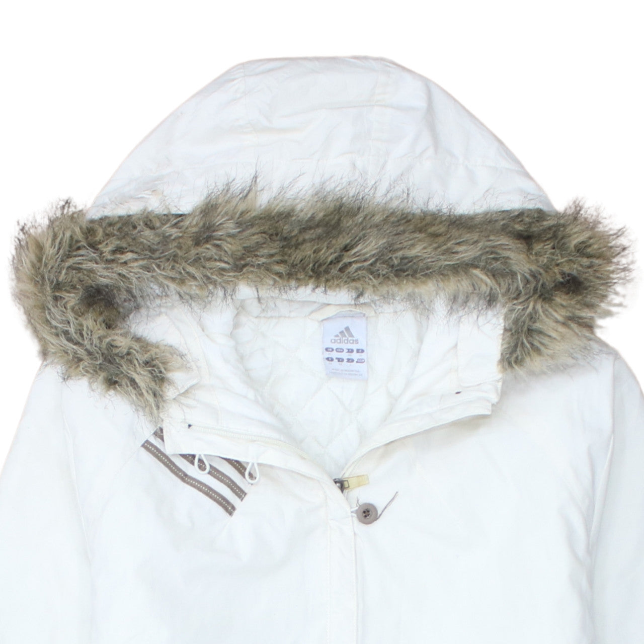 Adidas Womens White Parka Coat Size 12 Hooded Faux Fur Trim Long Winter Jacket
