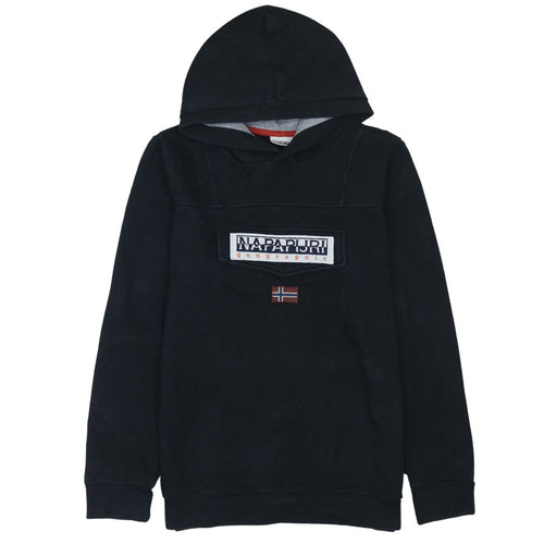 Napapijri Boys Black Hooded Pullover Hoodie Size 16 (170cm) Cotton Blend