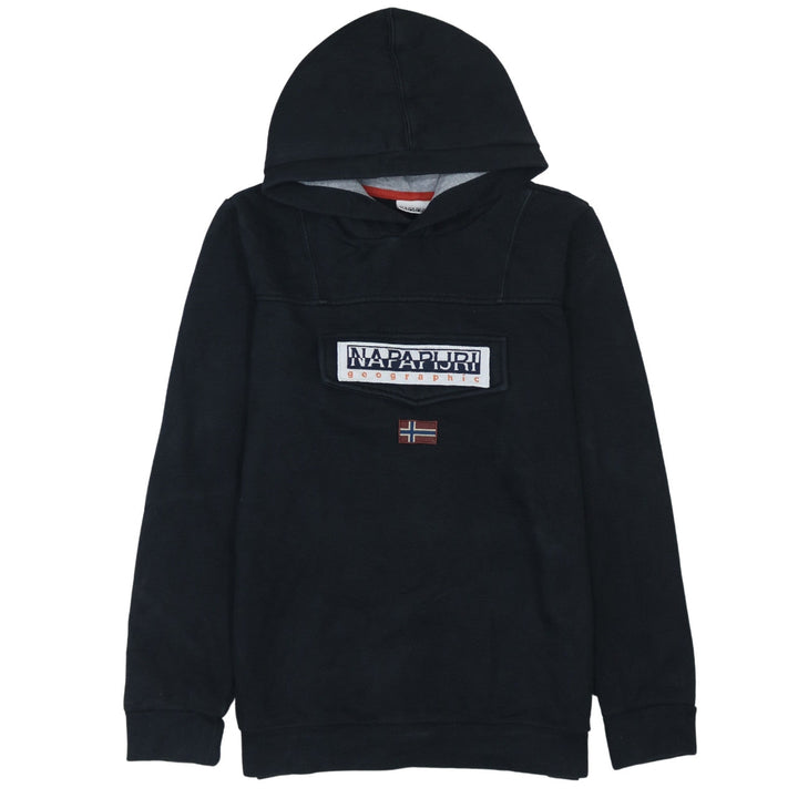 Napapijri Boys Black Hooded Pullover Hoodie Size 16 (170cm) Cotton Blend