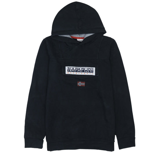 Napapijri Boys Black Hooded Pullover Hoodie Size 16 (170cm) Cotton Blend