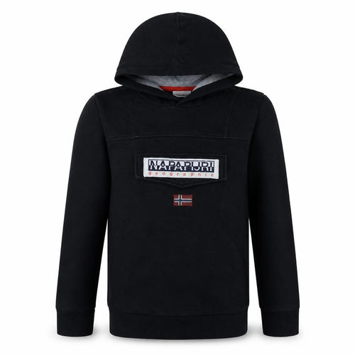 Napapijri Boys Black Hooded Pullover Hoodie Size 16 (170cm) Cotton Blend