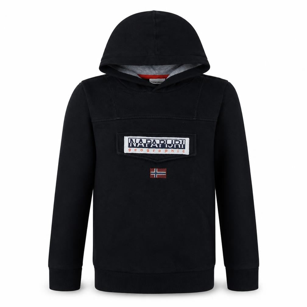 Napapijri Boys Black Hooded Pullover Hoodie Size 16 (170cm) Cotton Blend