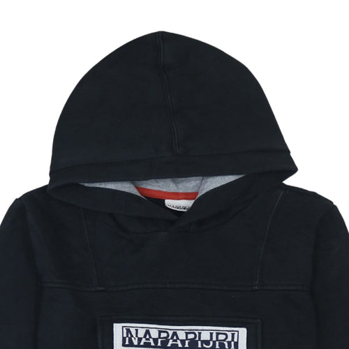 Napapijri Boys Black Hooded Pullover Hoodie Size 16 (170cm) Cotton Blend