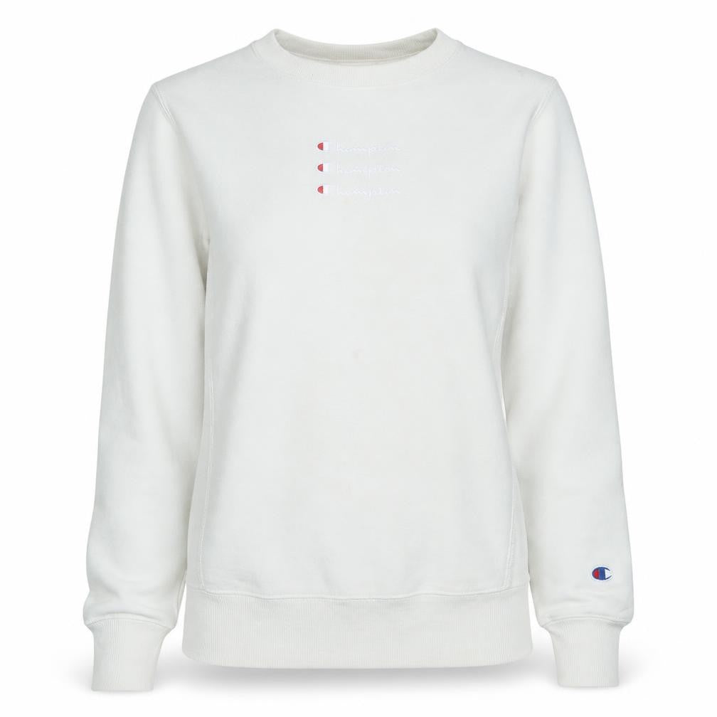 Front view of Champion Women's White XS Reverse Weave Crew Neck Sweatshirt
