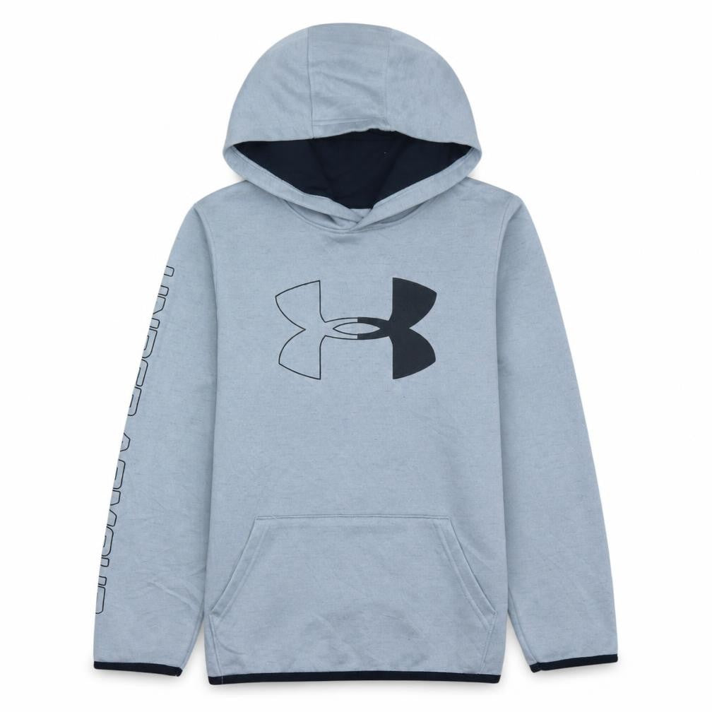 Front view of Under Armour boys’ grey pullover hoodie size medium coldgear logo top