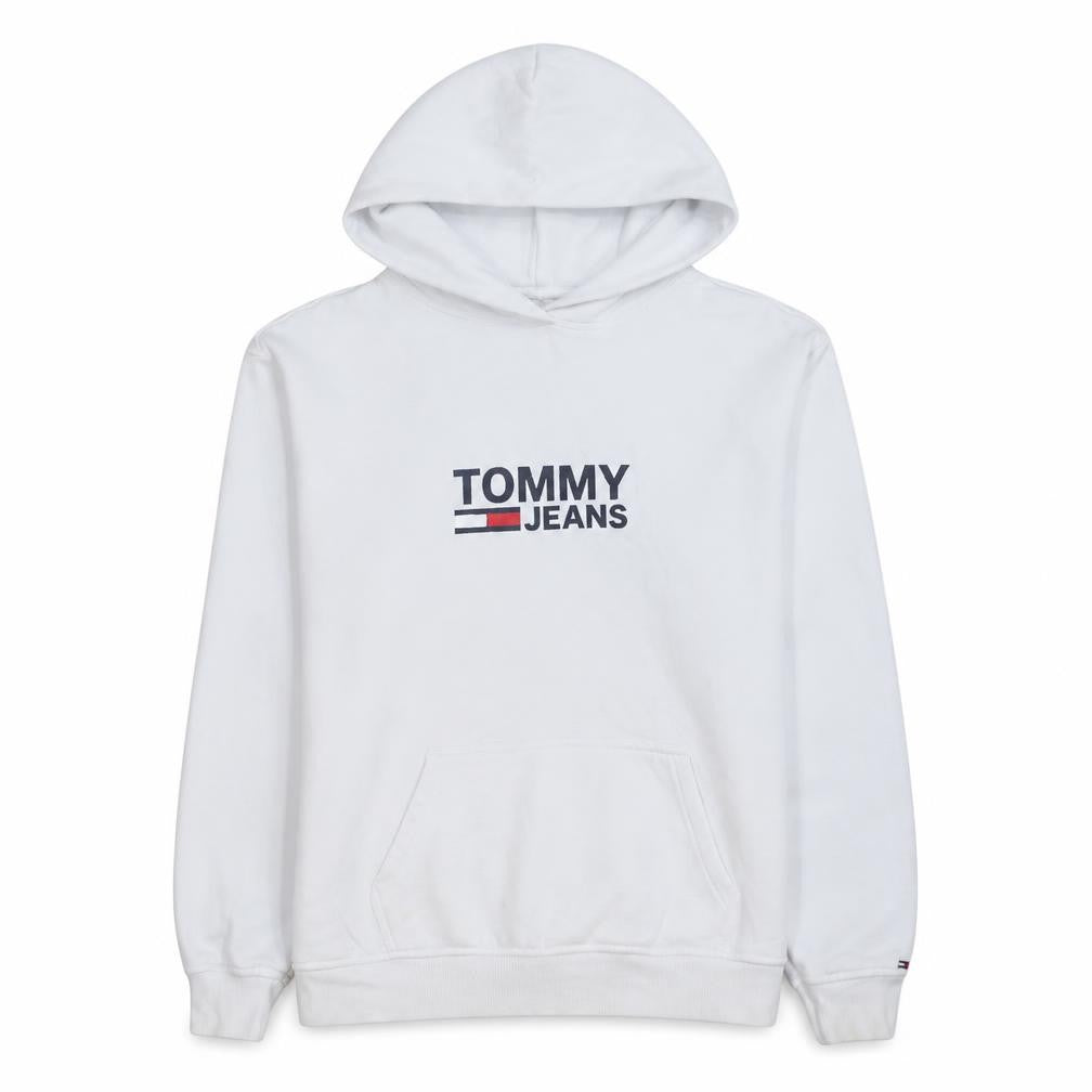 Front view of Tommy Jeans Men's White Pullover Hoodie, size S, Logo Fleece Sweatshirt
