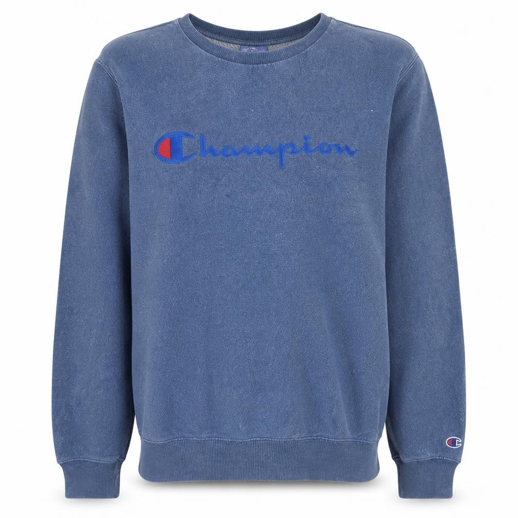 Front view of Champion Men's Blue Small Crew Neck Logo Pullover Sweatshirt