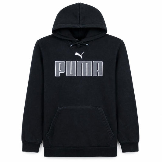 Front view of Puma Men Black Pullover Hoodie S Regular Fit Fleece Logo Sportswear