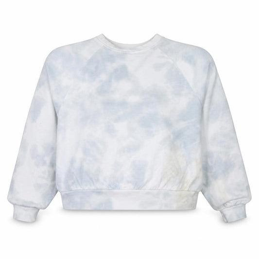 Front view of Levi’s women’s blue tie dye pullover sweatshirt, size S, crew neck