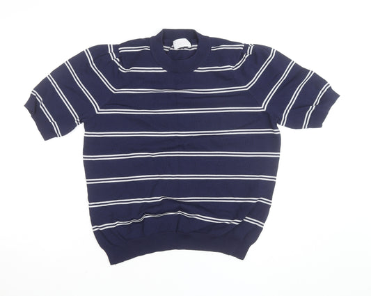 Savida Women Blue Striped Knit Short Sleeve Crew Neck Top Size 16
