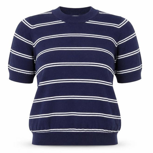 Savida Women Blue Striped Knit Short Sleeve Crew Neck Top Size 16