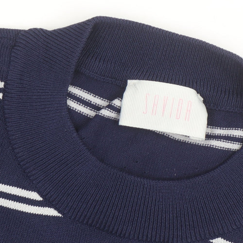 Savida Women Blue Striped Knit Short Sleeve Crew Neck Top Size 16