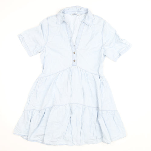 Stradivarius Womens Blue Cotton Shirt Dress Size 8 Short Sleeve Casual