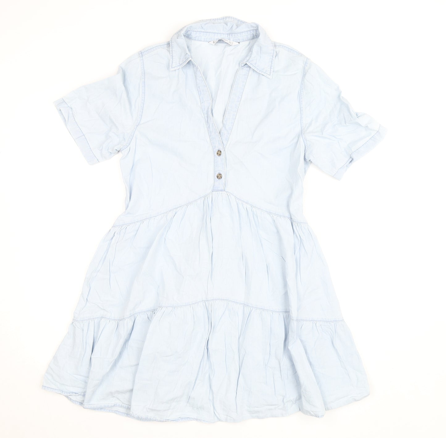 Stradivarius Womens Blue Cotton Shirt Dress Size 8 Short Sleeve Casual