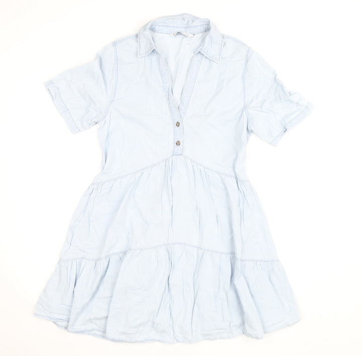 Stradivarius Womens Blue Cotton Shirt Dress Size 8 Short Sleeve Casual