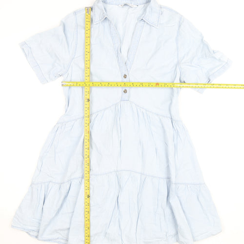 Stradivarius Womens Blue Cotton Shirt Dress Size 8 Short Sleeve Casual