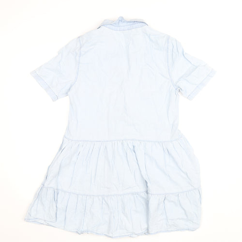 Stradivarius Womens Blue Cotton Shirt Dress Size 8 Short Sleeve Casual