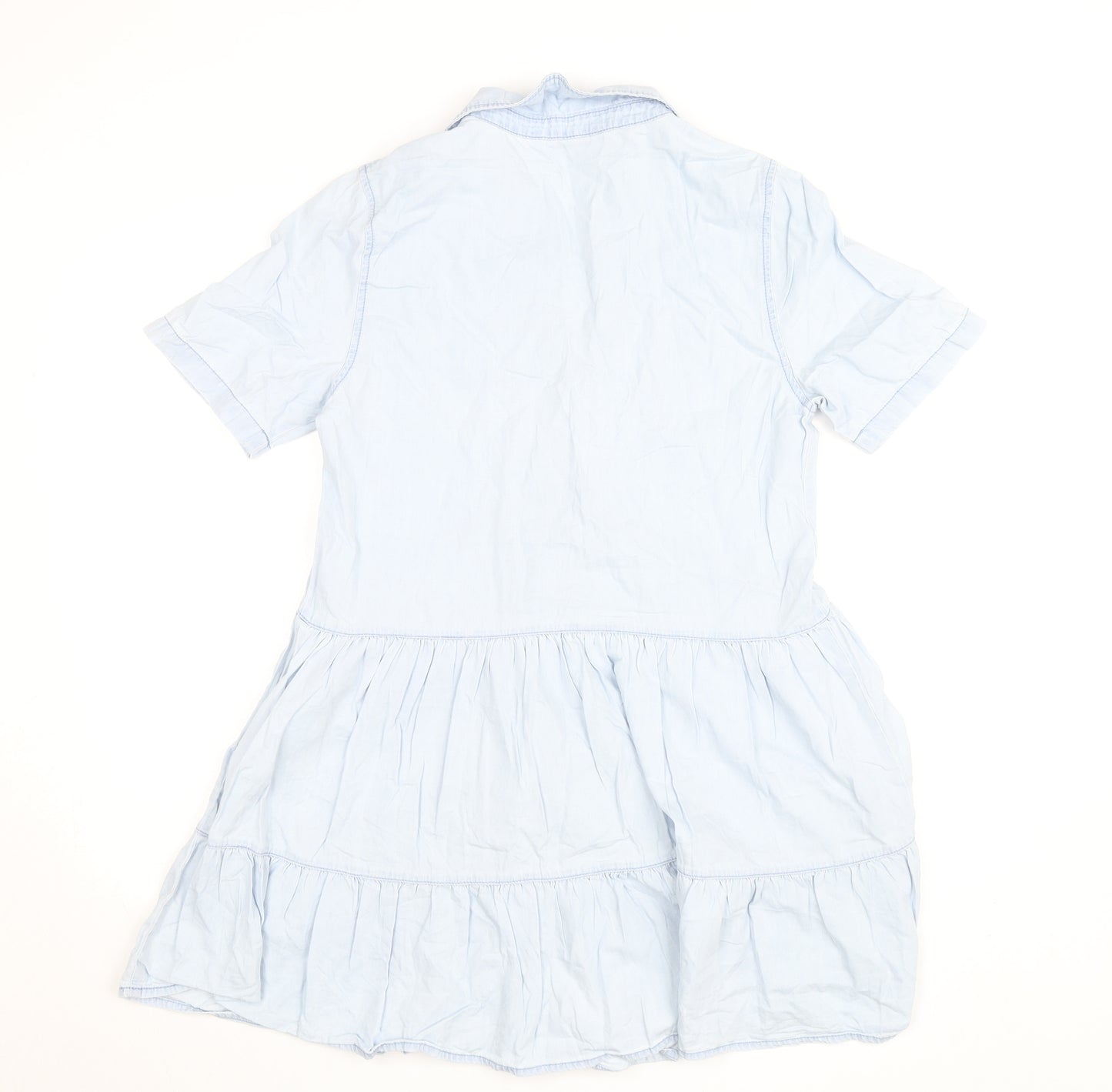 Stradivarius Womens Blue Cotton Shirt Dress Size 8 Short Sleeve Casual
