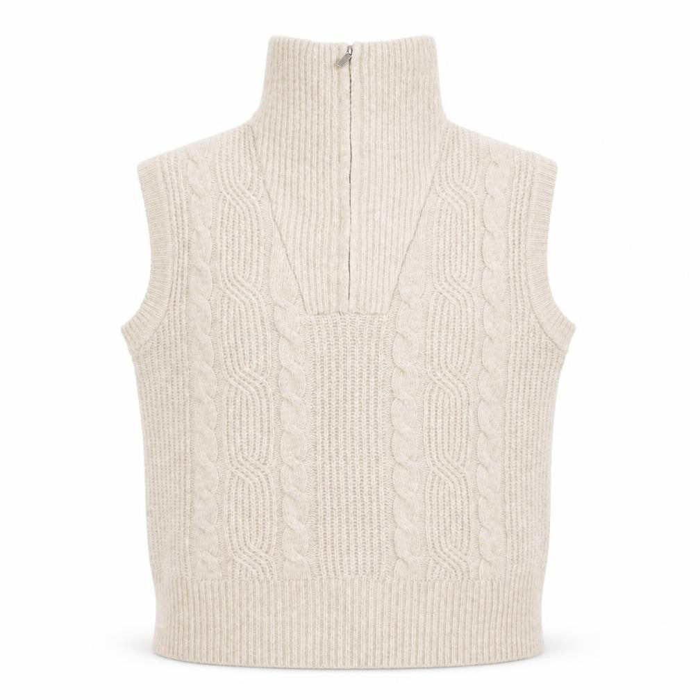 Front view of Dunnes Women's Beige Cable-Knit High Neck Sleeveless Vest M