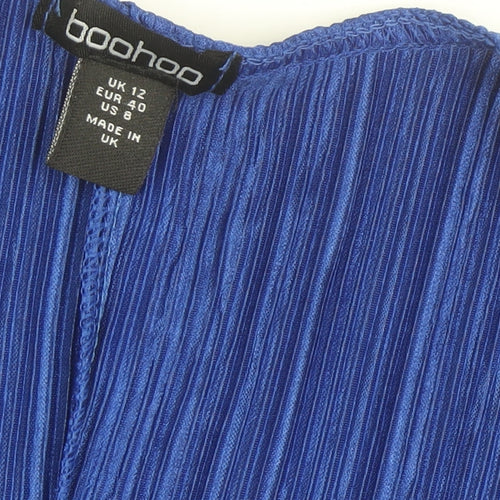 Boohoo Womens Blue Pleated Wrap Blouse Size 12 Long Sleeve