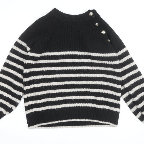 Dunnes Women Black Striped Button Shoulder Chunky Knit Jumper Size L