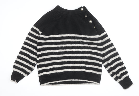 Dunnes Women Black Striped Button Shoulder Chunky Knit Jumper Size L