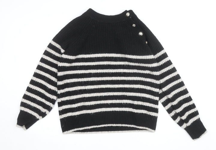 Dunnes Women Black Striped Button Shoulder Chunky Knit Jumper Size L