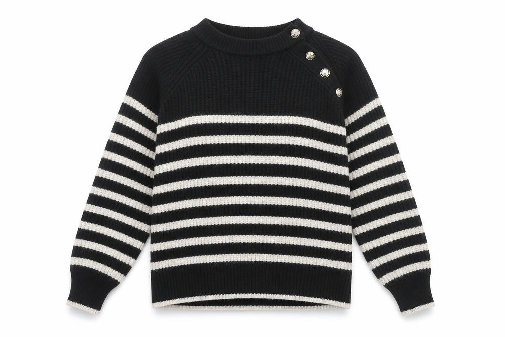 Front view of Dunnes Women Black Striped Button Shoulder Chunky Knit Jumper, size L