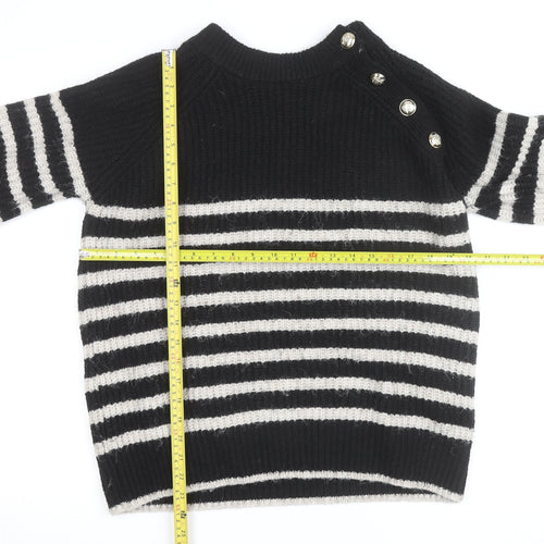 Dunnes Women Black Striped Button Shoulder Chunky Knit Jumper Size L
