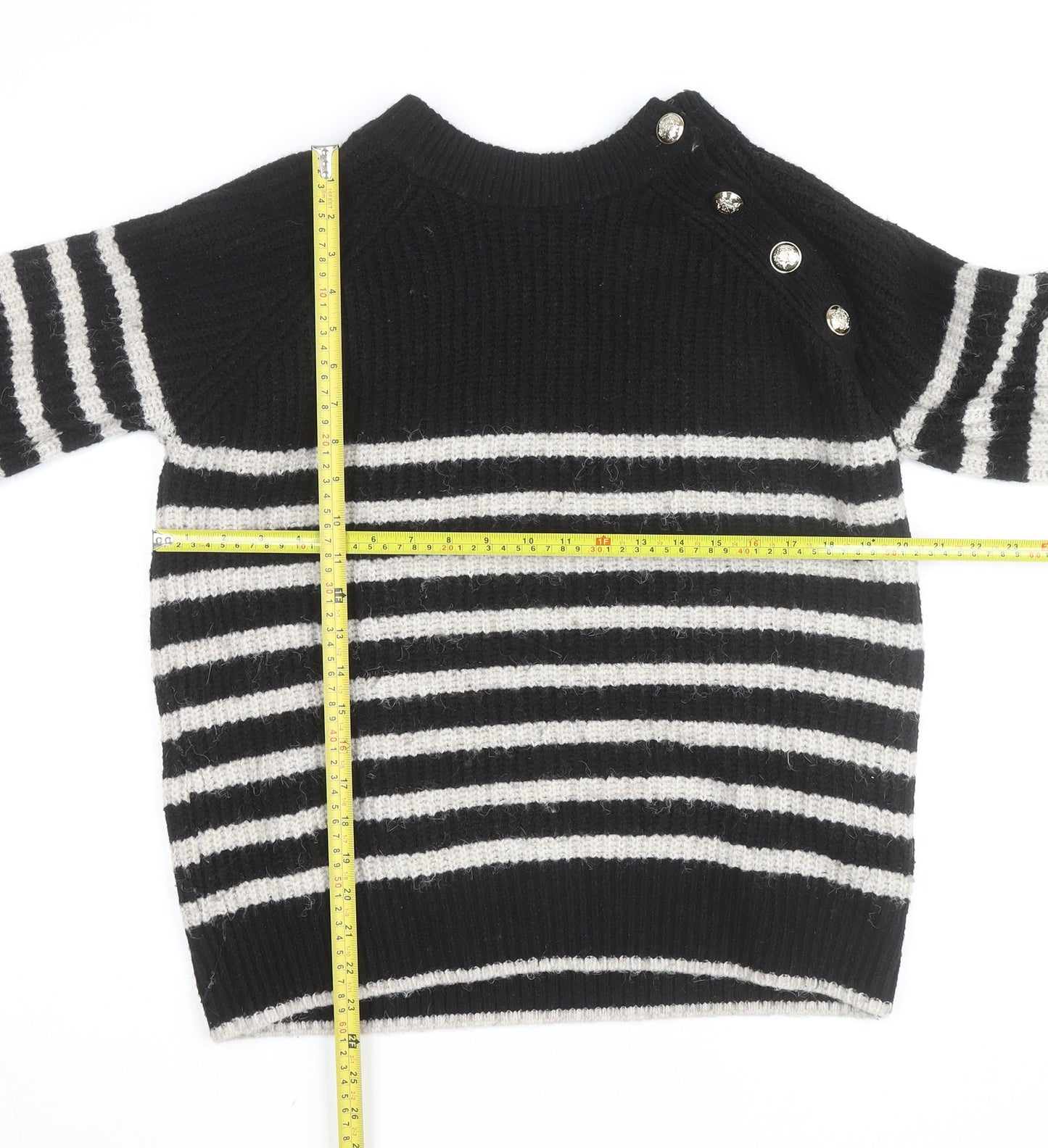 Dunnes Women Black Striped Button Shoulder Chunky Knit Jumper Size L