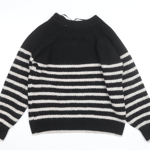 Dunnes Women Black Striped Button Shoulder Chunky Knit Jumper Size L
