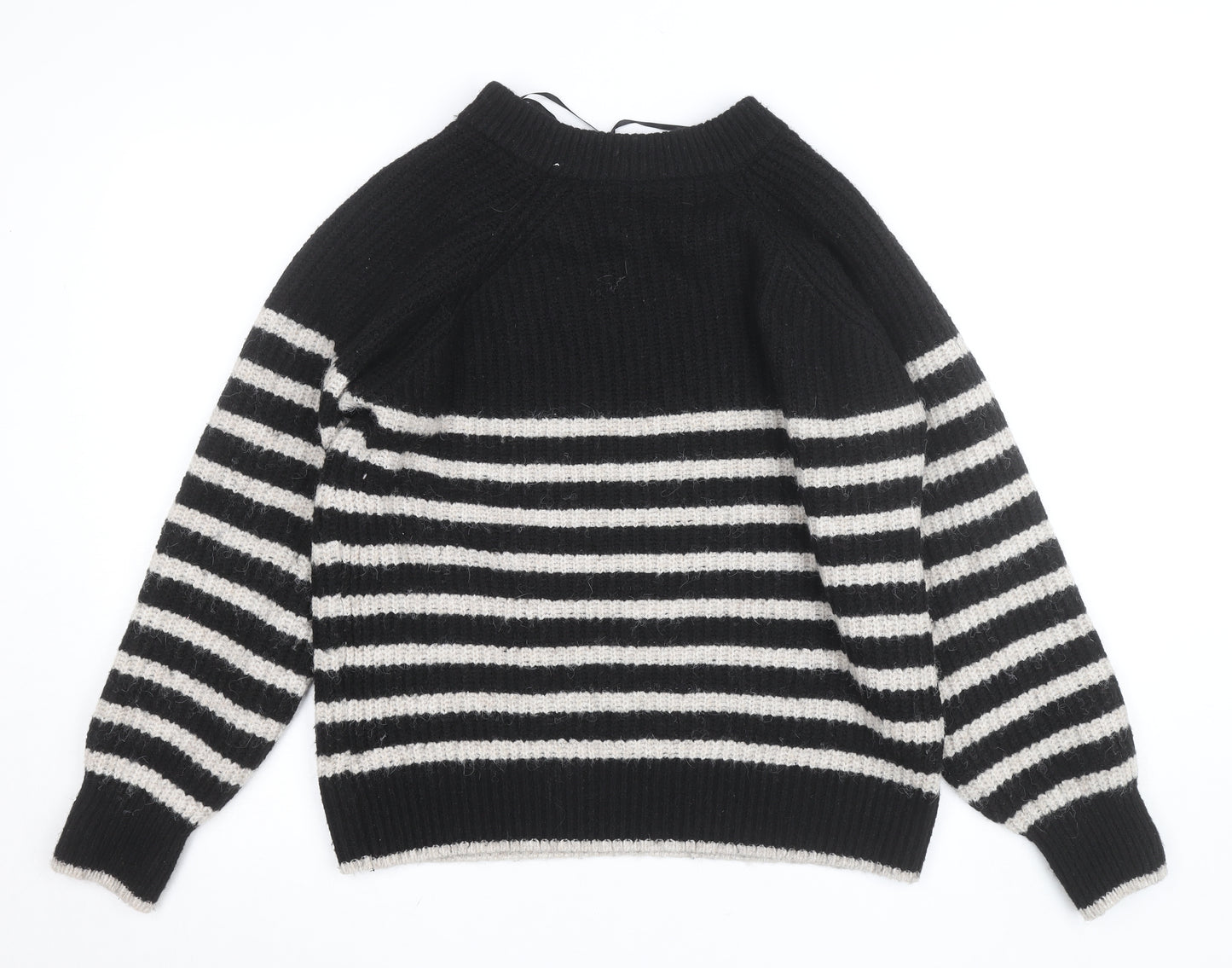 Dunnes Women Black Striped Button Shoulder Chunky Knit Jumper Size L
