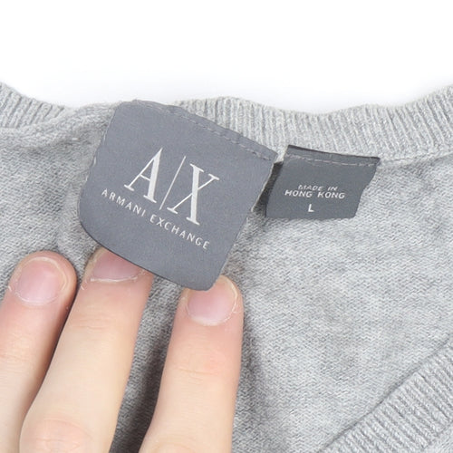 Armani Exchange Men's Grey V-Neck Cotton Blend Jumper Size L