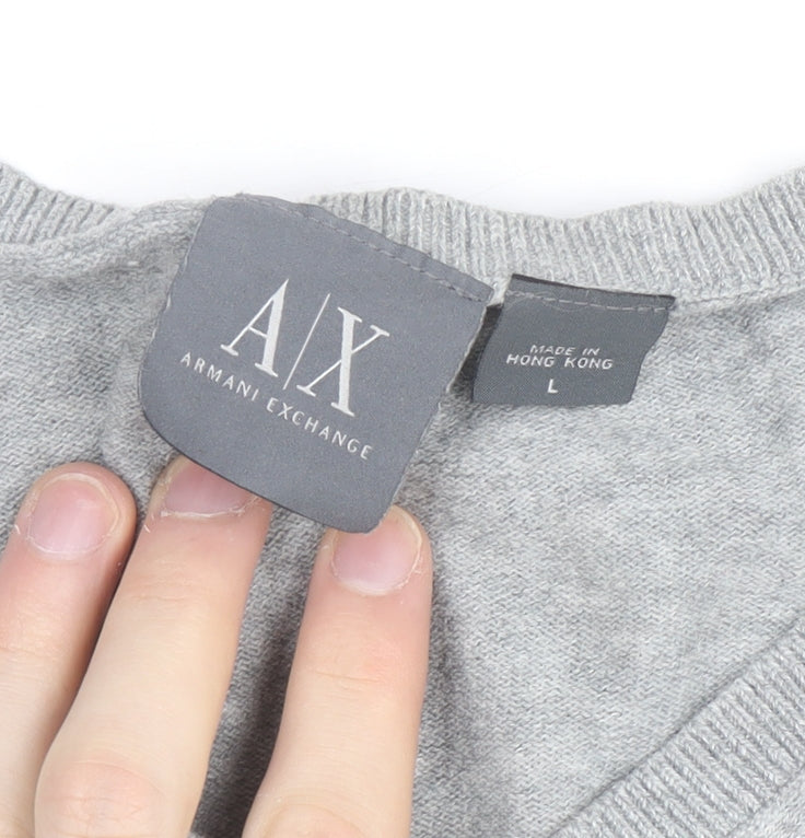 Armani Exchange Men's Grey V-Neck Cotton Blend Jumper Size L