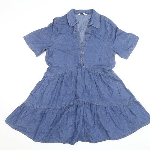 Stradivarius Women Blue Short Sleeve Denim Shirt Dress Size 8