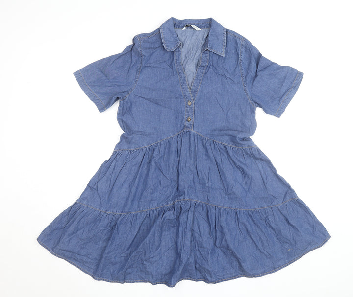 Stradivarius Women Blue Short Sleeve Denim Shirt Dress Size 8