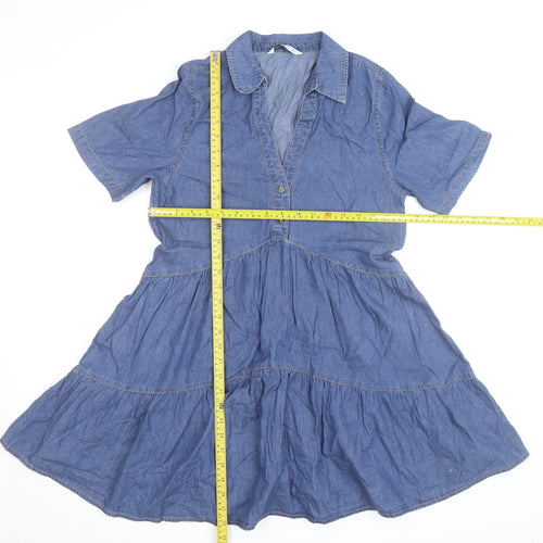 Stradivarius Women Blue Short Sleeve Denim Shirt Dress Size 8